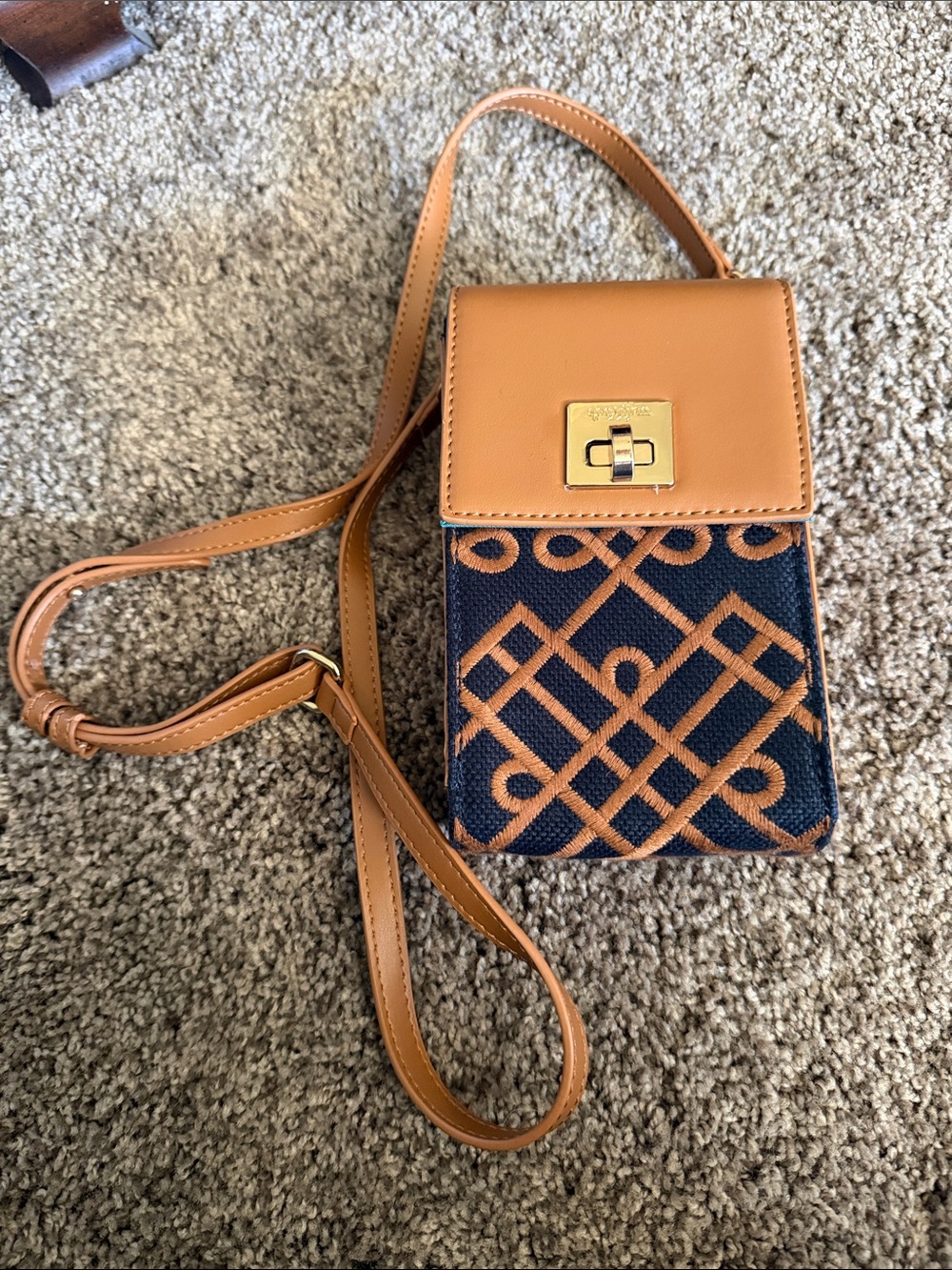 Spartina 449 Navy and Cognac Patterned Canvas Crossbody